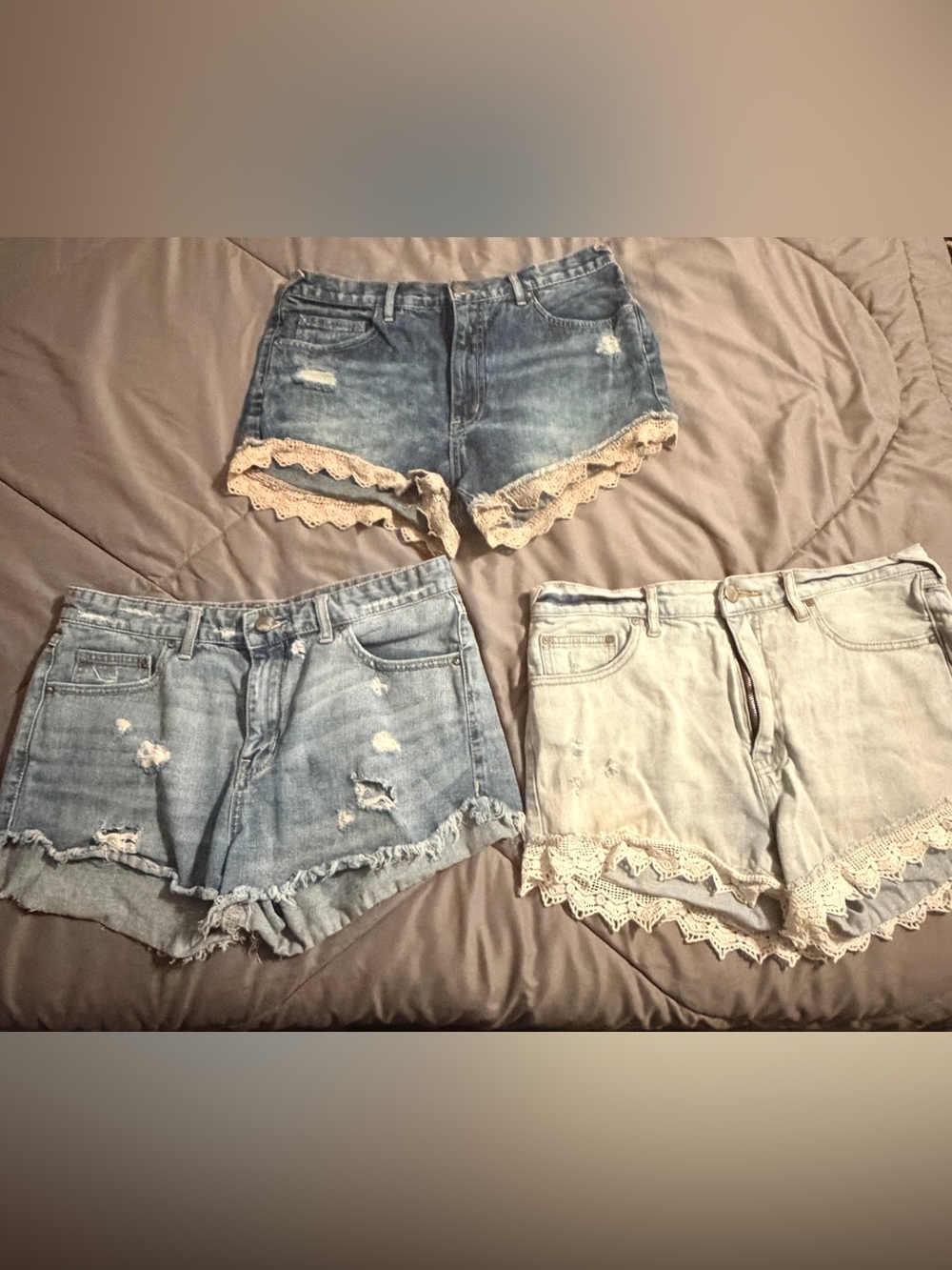 Set of 3 Free People Denim Lace-Trim Shorts - Blue and Light Wash